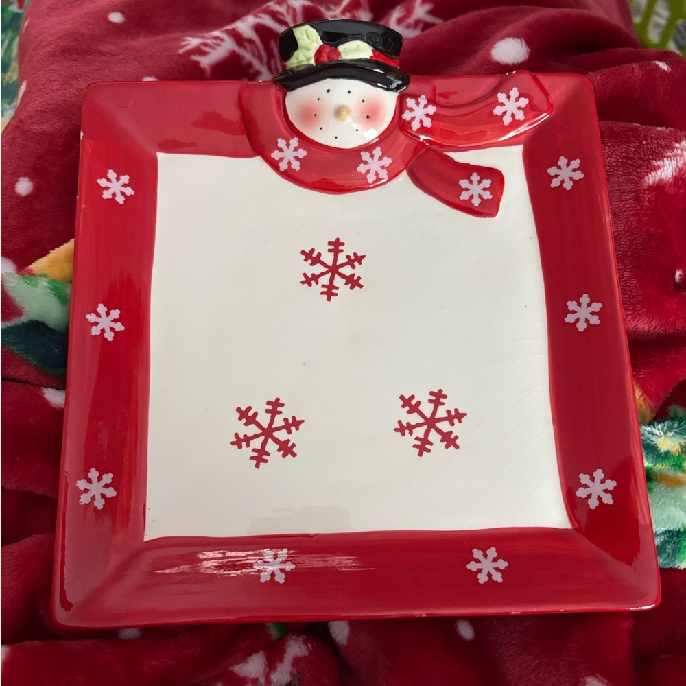 Festive Snowman Holiday Plate - Red and White